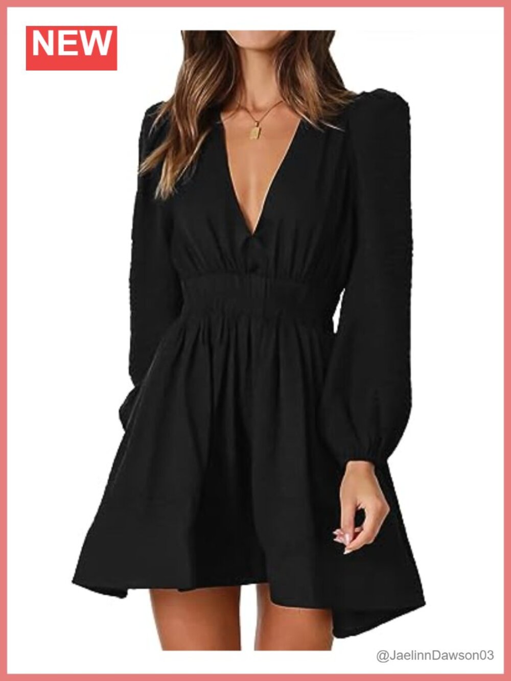 Mini Deep V Long Sleeve A-Line High Waisted Flowy Dress Cocktail Wedding Guest